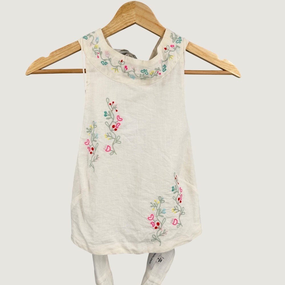 Something Navy Embroidered Halter Top Small Ivory Floral Linen Cotton Open Back